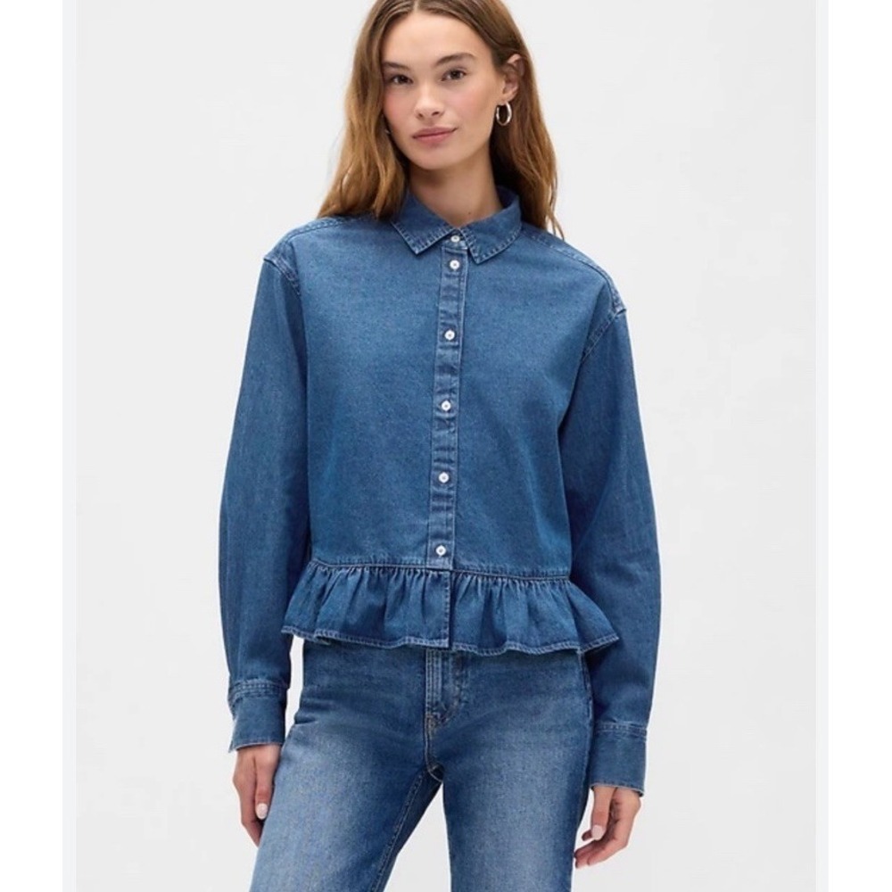 GAP‎ Relaxed Cropped Poplin Peplum Denim Blouse Large Blue Medium Wash Cotton